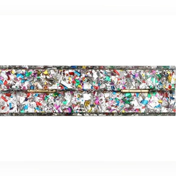 Abstract Silver Confetti Hard Case Clutch Bag Box Purse Crossbody Chain Multi - Picture 6 of 11